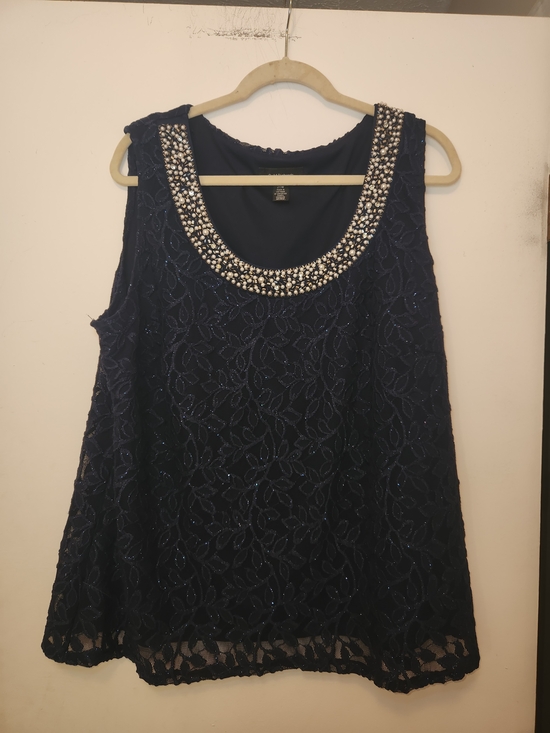 R&M Richards Tops - R&M Richards Navy Beaded Scoop Neck Lace Camisole 20W